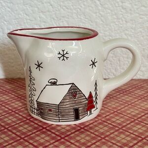 Potter’s Studio Mountain Ski Village Lodge Scene Red Trim Creamer NEW‎